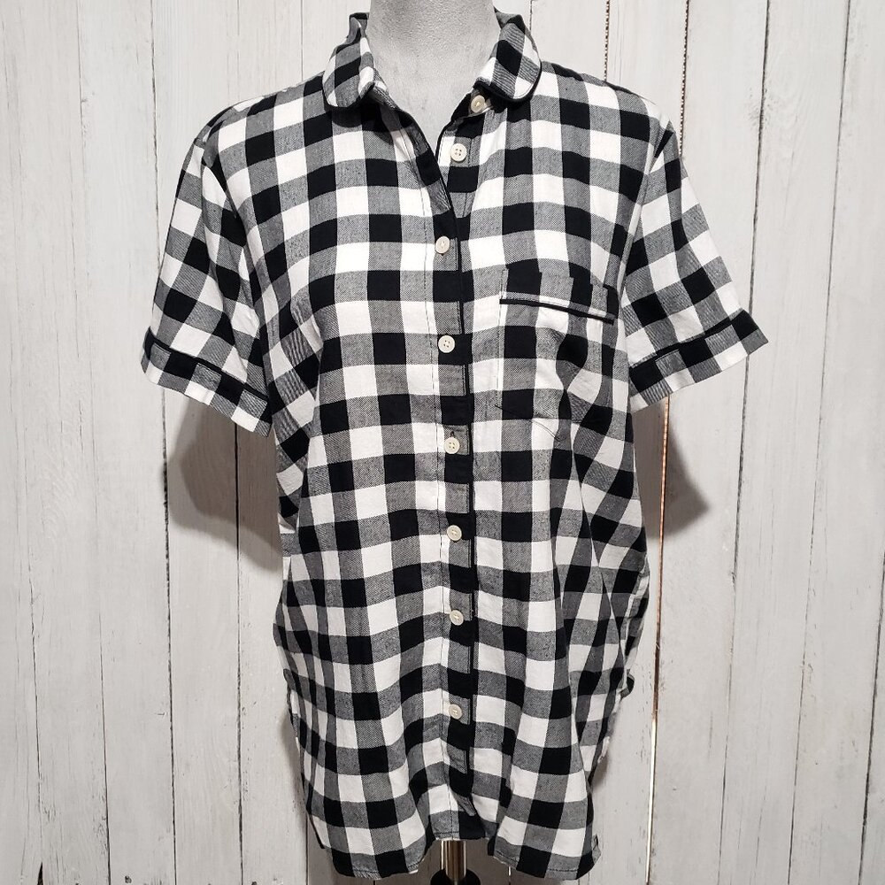 Loft M Women's Black White Buffalo Plaid Pajama Lounge Top Short Sleeve Cozy‎